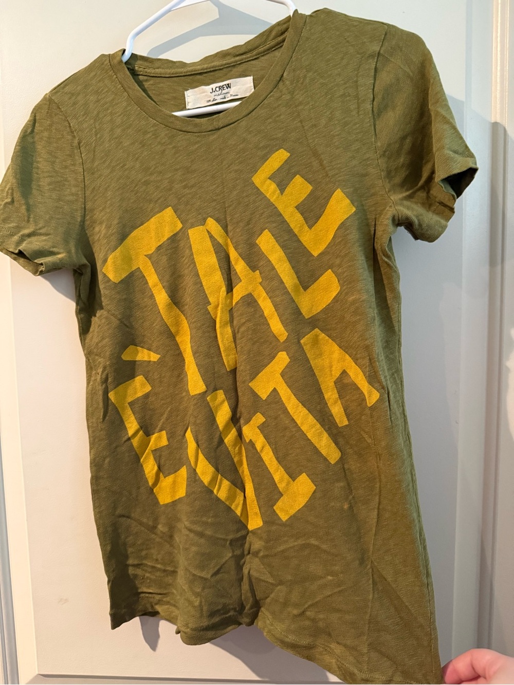 J. Crew Olive Short Sleeve Tee with Bold Yellow Graphic- Tale Evita